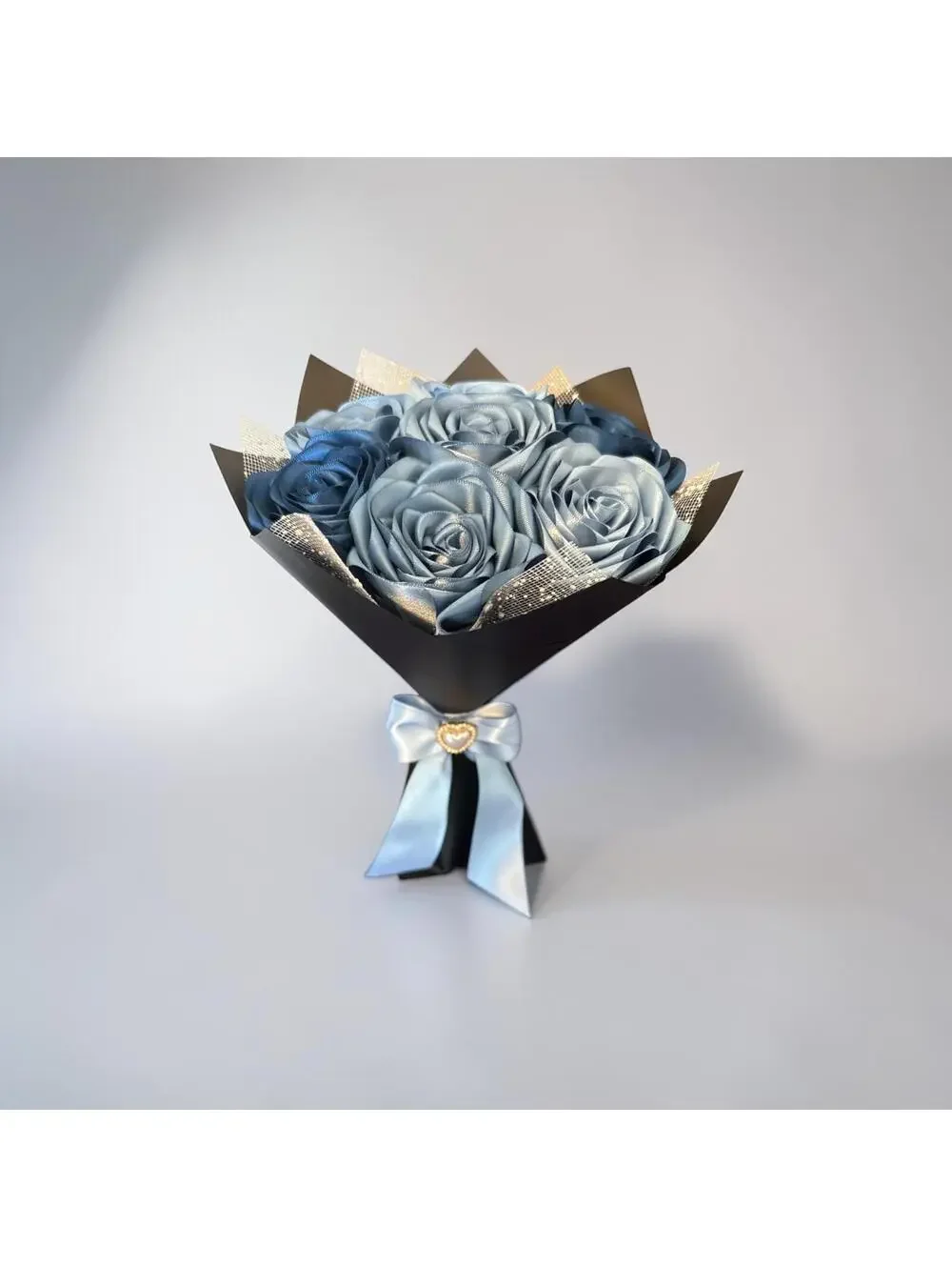 Handmade Blue Satin Rose Bouquet with Black Wrap and Ribbon Bow